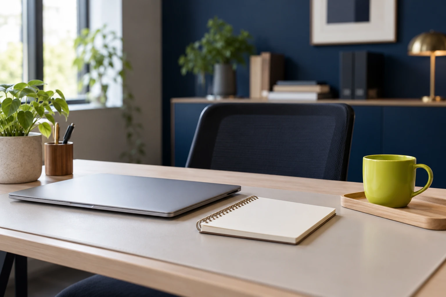Bureau épuré avec ordinateur portable fermé, carnet, tasse verte, plante et chaise vide