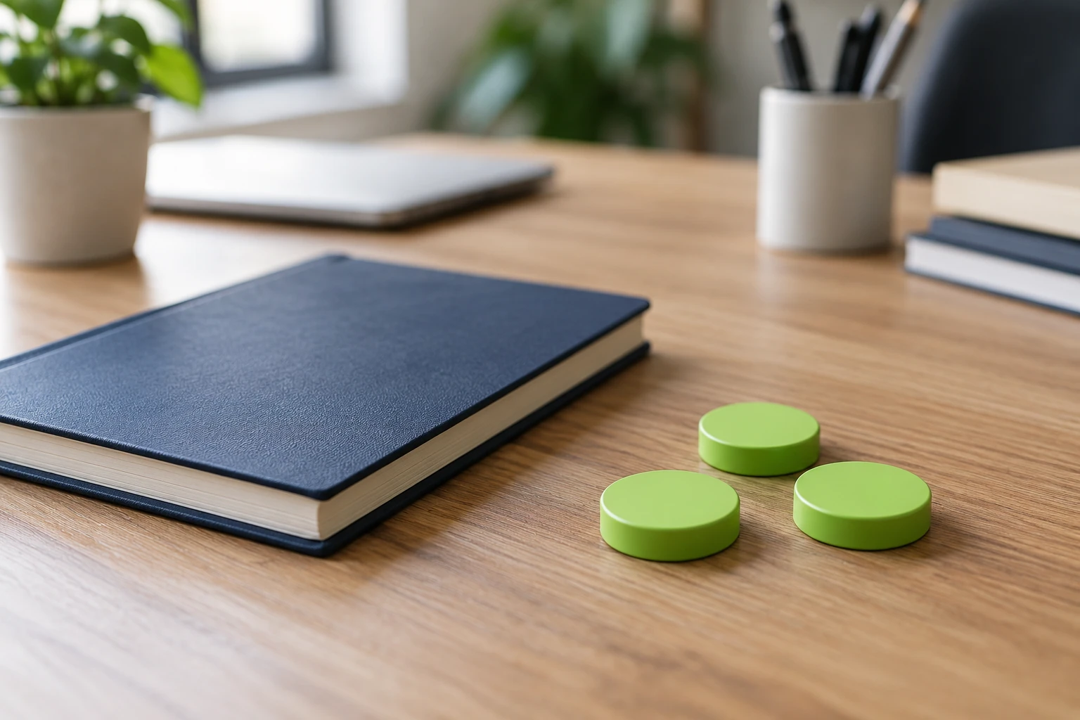 Bloc-notes bleu et trois jetons verts disposés sur un bureau en bois éclairé naturellement