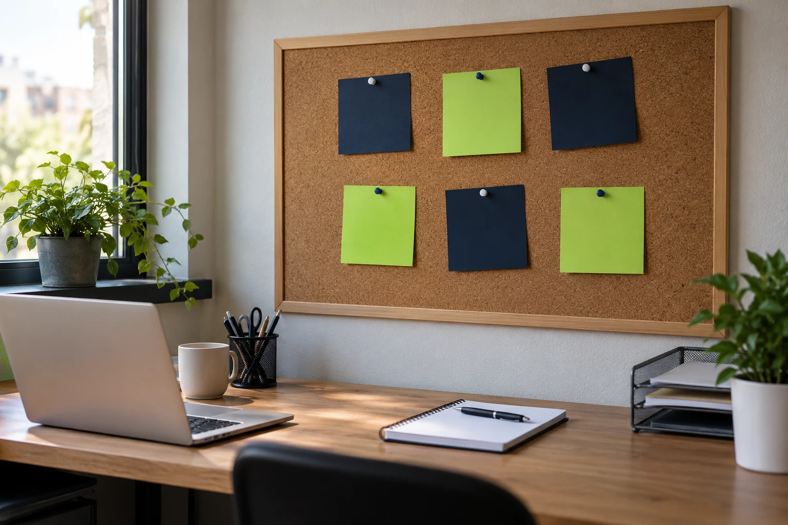 Bureau avec ordinateur portable, carnet, pelote de post‑it vert et bleu sur tableau en liège
