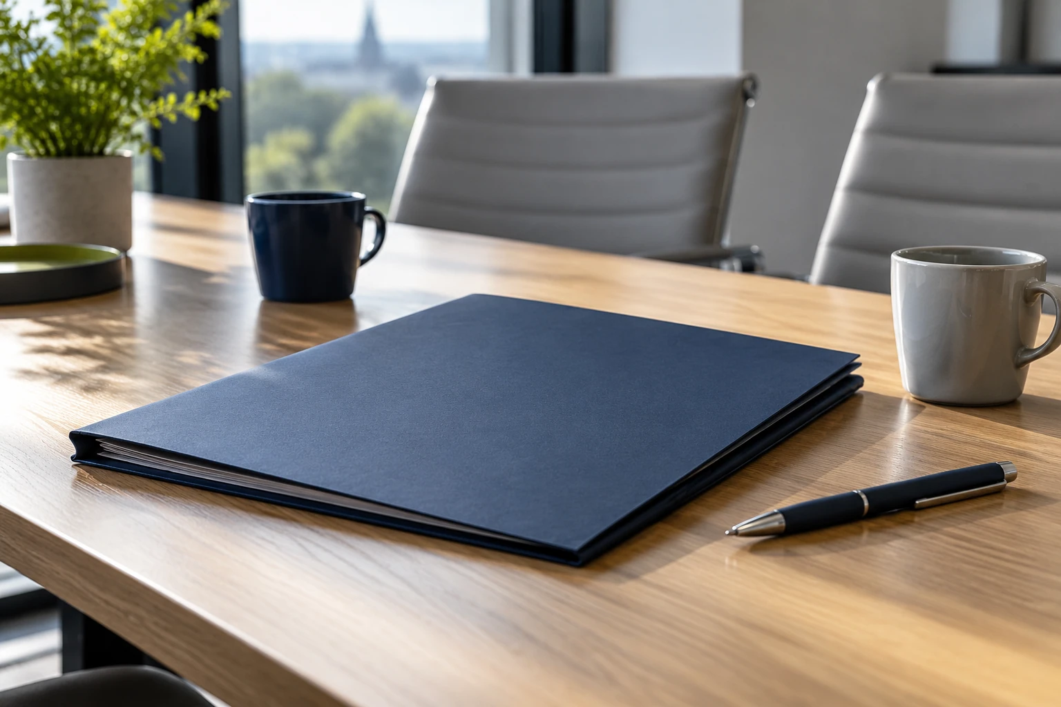 Dossier bleu fermé et stylo sur table de réunion avec deux tasses et chaise